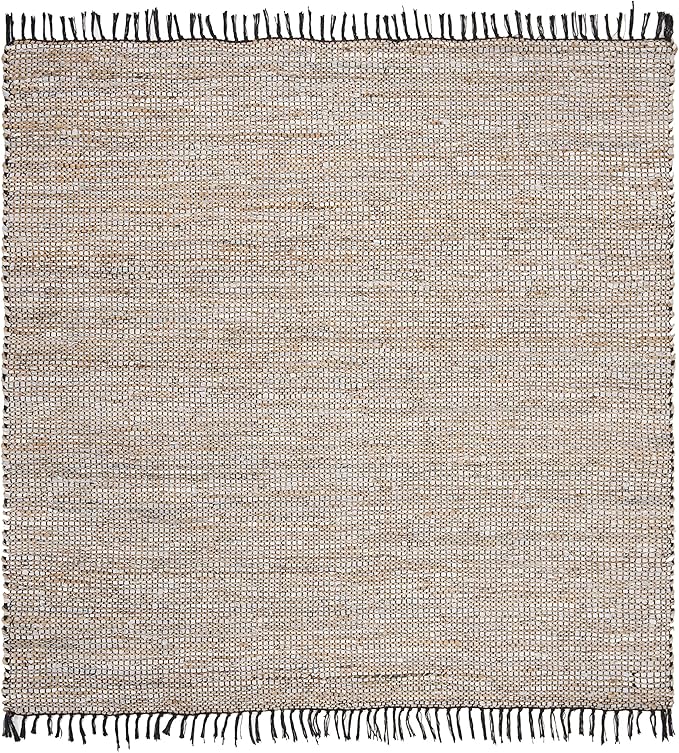 SAFAVIEH Vintage Leather Collection Area Rug - 6' Square, Silver, Handmade Boho Fringe Leather & Jute, Ideal for High Traffic Areas in Living Room, Bedroom (VTL203G)