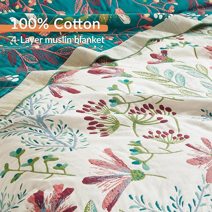Boho Throw Blanket for Bed 50”x60”, 100% Cotton Woven Blanket for Couch Sofa, Ultra Soft 4-Layer Muslin Quilt with Floral Printed, Farmhouse Bed Blanket/Cover for Living Room Decor