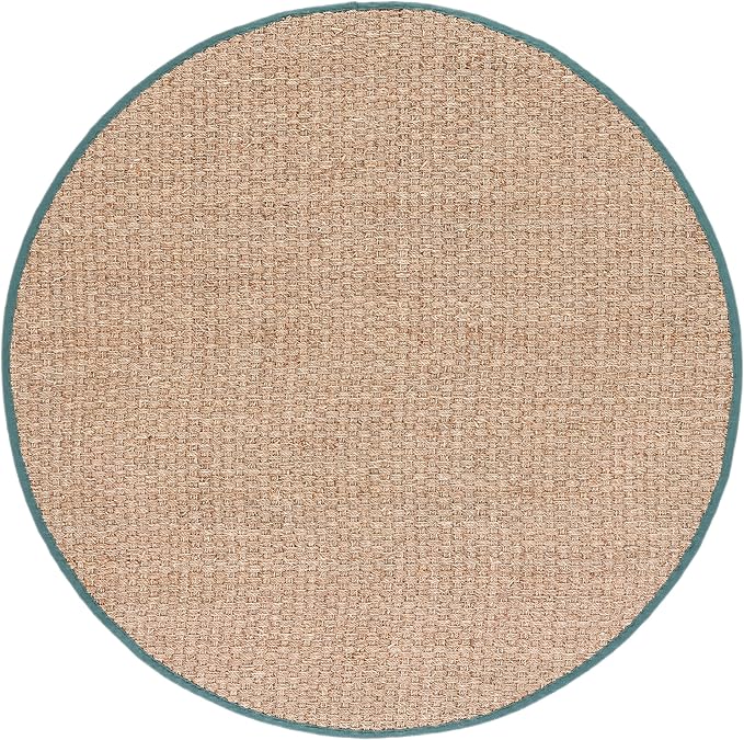 SAFAVIEH Area Rug 8' Round - Natural Fiber Collection - Natural & Light Blue, Seagrass, Basketweave Pattern with Border (NF114M)