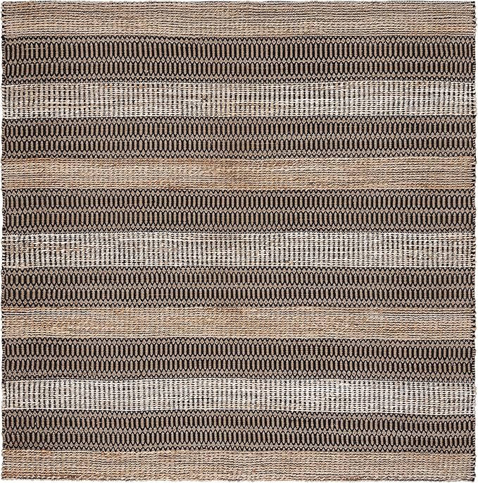 SAFAVIEH Natural Fiber Collection Area Rug - 6'6" Square, Black & Natural, Handmade Flat Weave Stripe Jute & Cotton, Ideal for High Traffic Areas in Living Room, Bedroom (NFB652Z)