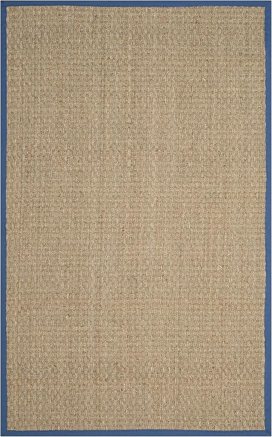 SAFAVIEH Area Rug 4x6 - Natural Fiber Collection - Natural & Navy, Seagrass, Basketweave Pattern with Border (NF114T)