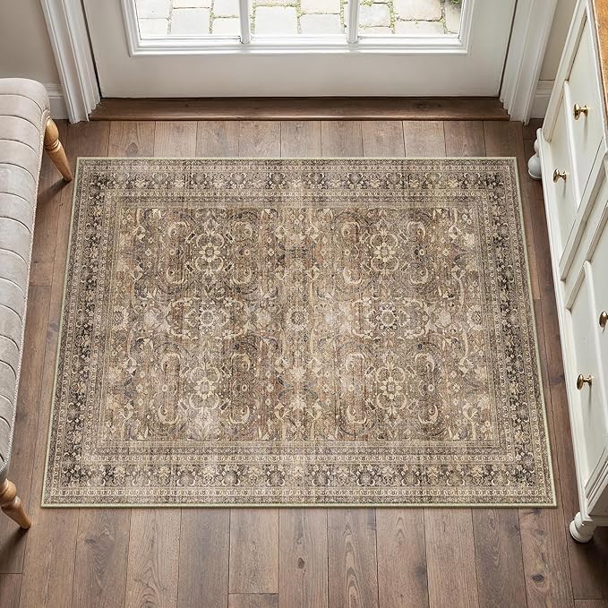 HUGEAR 2x3 Entryway Area Rug Vintage Brown Small Rug Machine Washable Door Mat Retro Floral Low Pile Carpet Vacuumable Distressed Throw Rug Entrance Kitchen Bathroom Bedroom Non Slip Lightweight
