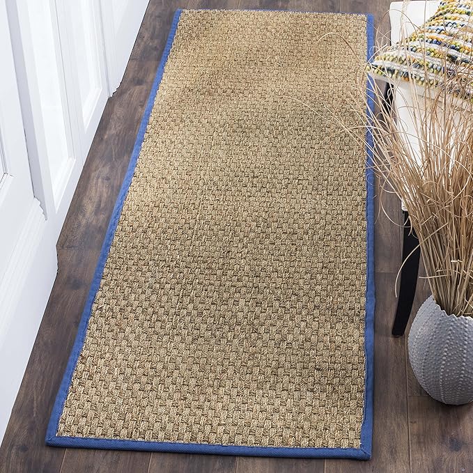 SAFAVIEH Natural Fiber Collection Runner Rug - 2'6" x 8', Natural & Navy, Seagrass, Basketweave Pattern with Border (NF114T)