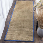SAFAVIEH Natural Fiber Collection Runner Rug - 2'6" x 8', Natural & Navy, Seagrass, Basketweave Pattern with Border (NF114T)