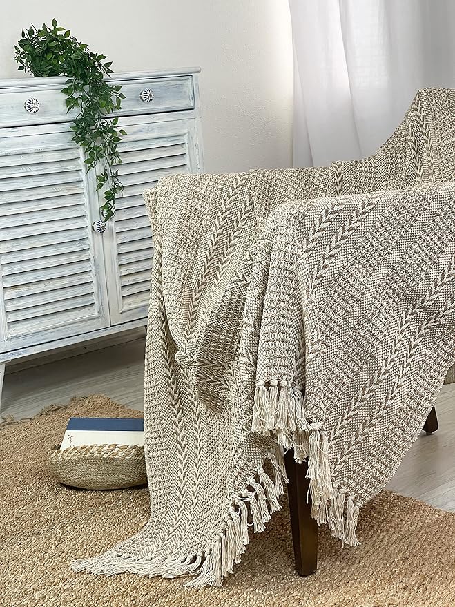Chardin home Beige Braided Waffle Weave Throw, 50x60 Inch Recycled Cotton- Large, Wearable, Breathable, Skin-Friendly Everyday use Blanket for Couch, Bed, Sofa - Soft Lightweight Picnic Rug