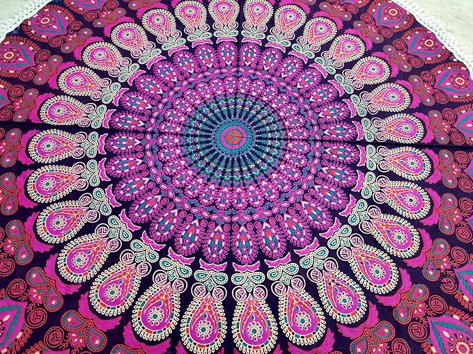 Round Beach Tapestry Turquoise Mandala Throw/Boho Hippie Beach Blanket Roundie/Indian Cotton Bohemian Large Round Table Cloth-Home Decor/Yoga Mat Meditation Picnic Rug (70", White And Pink)