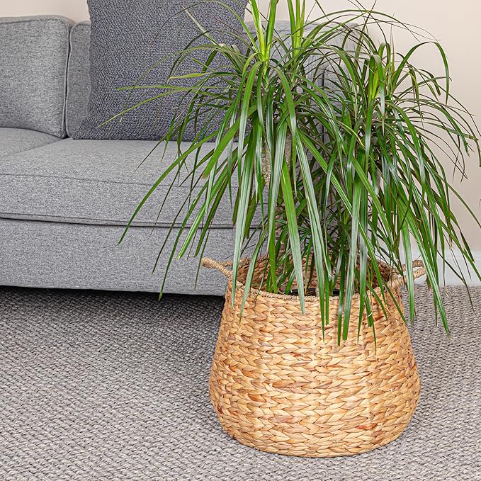 Household Essentials Round Handwoven Water Hyacinth and Seagrass Basket with Handles, Natural