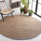SAFAVIEH Natural Fiber Collection Area Rug - 7' Round, Light Blue & Natural, Handmade Boho Farmhouse Rustic Jute & Cotton Jute, Ideal for High Traffic Areas in Living Room, Bedroom (NFB654M)