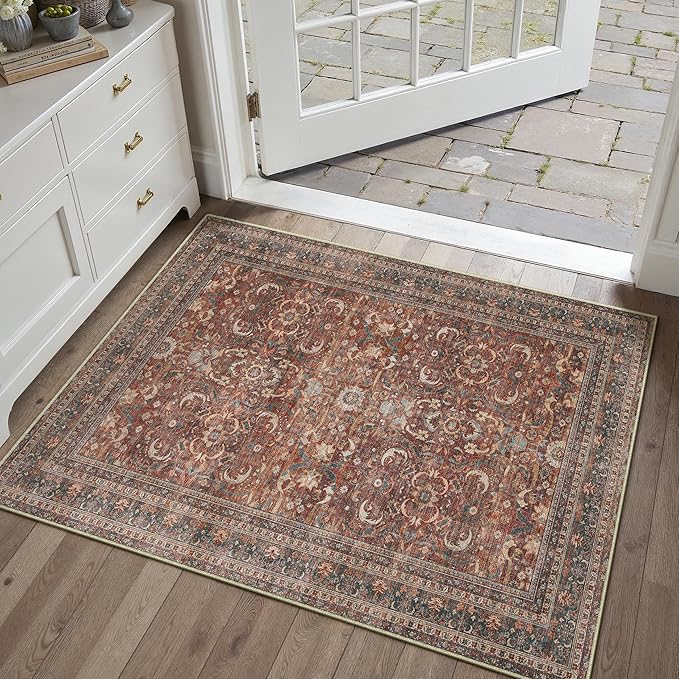 HUGEAR 2x3 Entryway Area Rug Vintage Brick Red Small Rug Machine Washable Door Mat Retro Floral Low Pile Carpet Vacuumable Distressed Throw Rug Entrance Kitchen Bathroom Bedroom Non Slip Lightweight