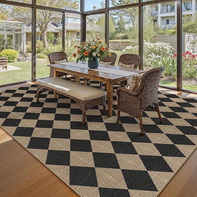 8x10 Checkered Easy Jute Area Rug for Living Room Large Checkerboard Washable Indoor Outdoor Carpet Farmhouse Patio Office Mat Textured Diamond Non Slip Black Carpet for Backyard Dining Room