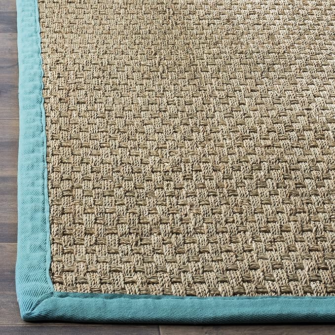 SAFAVIEH Area Rug 8x10 - Natural Fiber Collection - Large - Natural & Teal, Seagrass, Basketweave Pattern (NF114R)