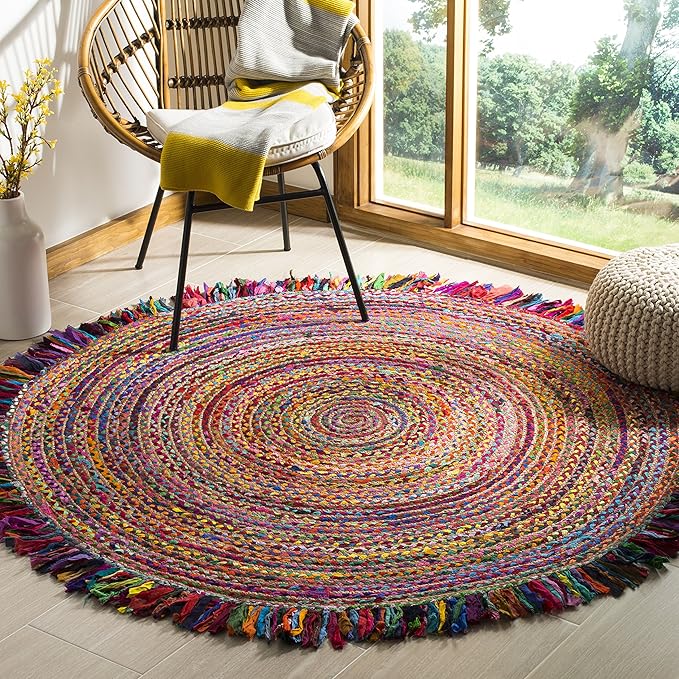 SAFAVIEH Cape Cod Collection Area Rug - 7' Round, Ivory & Red, Handmade Boho Fringe Jute & Cotton, Ideal for High Traffic Areas in Living Room, Bedroom (CAP206A)
