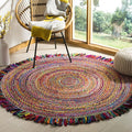 SAFAVIEH Cape Cod Collection Area Rug - 7' Round, Ivory & Red, Handmade Boho Fringe Jute & Cotton, Ideal for High Traffic Areas in Living Room, Bedroom (CAP206A)