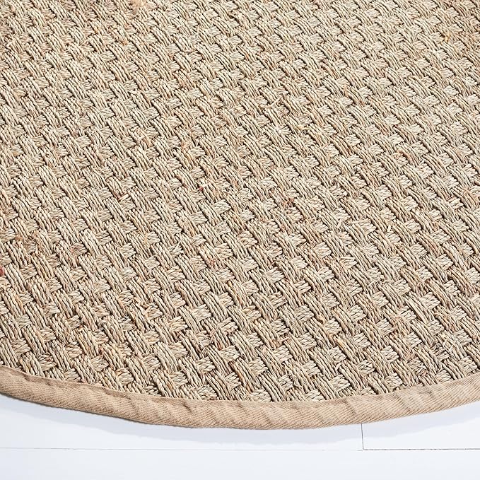 Safavieh Area Rug 12' Round - Natural Fiber Collection - Large - Natural & Beige, Seagrass, Basketweave Pattern with Border (NF114A)