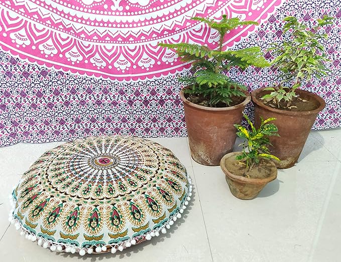 INDIAN CRAFT CASTLE 24" Musturd Peacock Mandala Barmeri Large Floor Pillow Cover Cushion Meditation Seating Ottoman Throw Cover Hippie Decorative Zipped Bohemian Pouf Ottoman Pom Pom Cases 24" Round