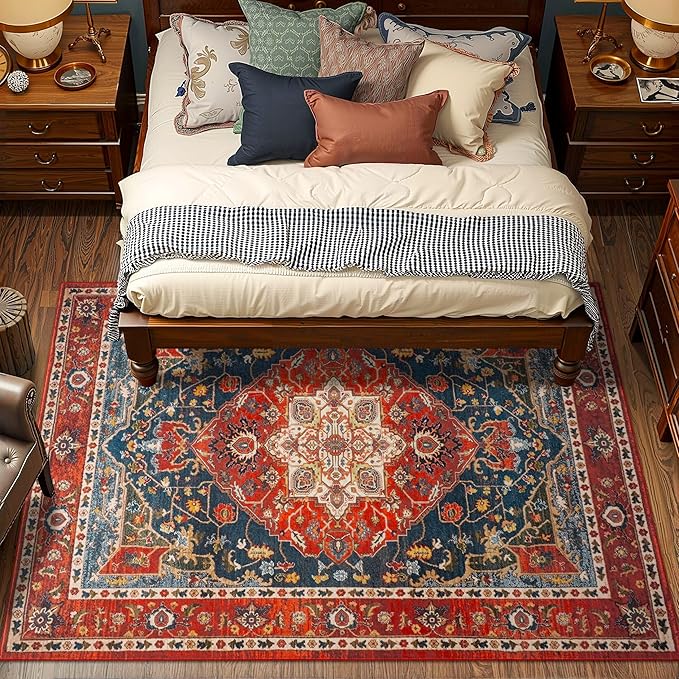 YJ.GWL Area Rugs for Living Room 5x7 Machine Washable Rugs, Non Slip Floral Vintage Rug Indoor Carpet, Stain Resistant Large Rug for Bedroom Dining Room, Orange-Red