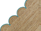 Scalloped Natural Jute Area Rug, Teal Trim, 2'x16'