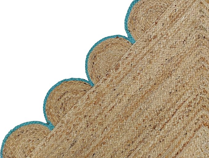 Scalloped Natural Jute Area Rug, Teal Trim, 2'x12'