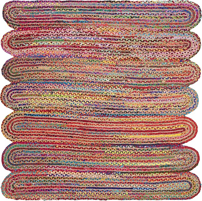 SAFAVIEH Cape Cod Collection Area Rug - 6' Square, Red & Multi, Handmade Braided Jute & Cotton, Ideal for High Traffic Areas in Living Room, Bedroom (CAP208Q)