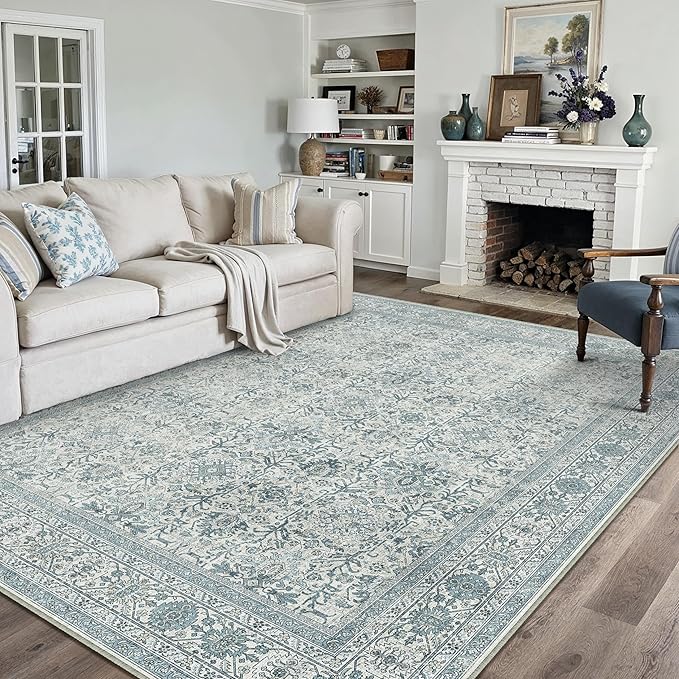 Area Rug 8x10 Blue Washable Living Room Carpet Soft Non Slip Vintage Bedroom Indoor Office Traditional Retro Distressed Large Throw Rug for Dining Room Playroom