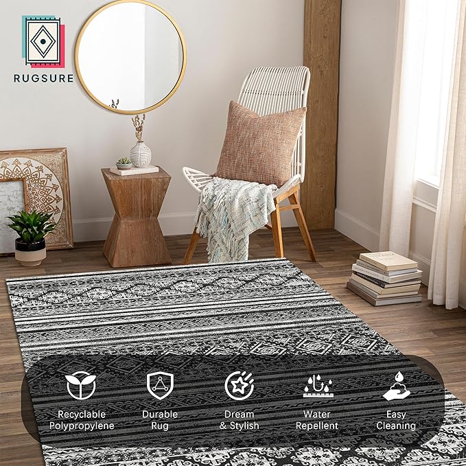 RUGSURE Washable Area Rugs 4' x 6' - 1/6 Thick - Moroccan-Inspired -Stain & Water Resistant Non-Slip - Resistant Rug for Living Room, Bedroom, Nursery, Pet & Child Friendly (Black)