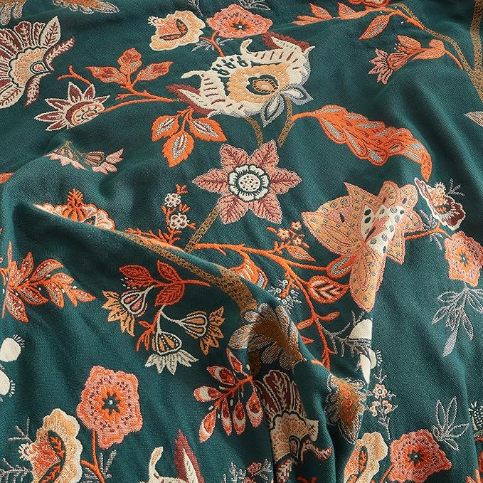 Boho Throw Blanket for Bed 60”x80”, 100% Cotton Woven Blanket for Couch Sofa, Ultra Soft 4-Layer Muslin Quilt with Floral Printed, Farmhouse Bed Blanket/Cover for Living Room Decor