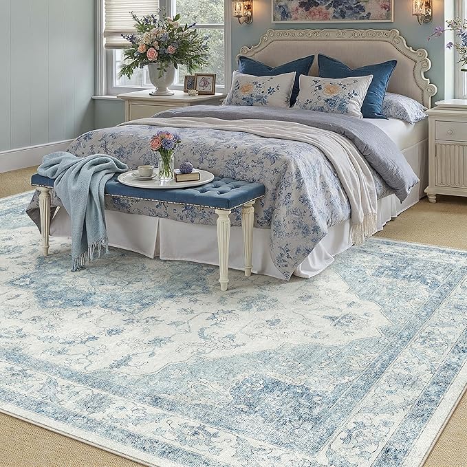 Blue Area Rug 6x9 Washable Vintage Carpet for Living Room Bedroom Large Soft Retro Low Pile Thin Indoor Rug Non Slip Oriental Medallion Floor Cover for Dining Room Office