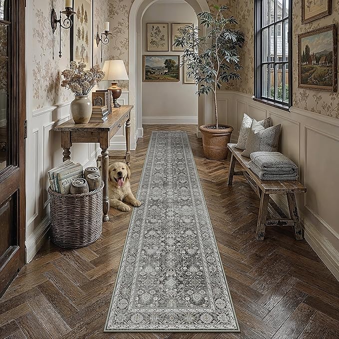 Black Runner Rug 2'6"x10' Vintage Area Carpet Hallway Long Indoor Kitchen Washable Living Room Low Pile Traditional Distressed Retro Accent Rug Non Slip Laundry Bathroom Office Dining Room