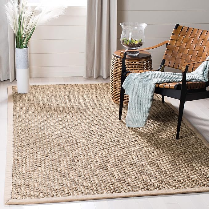 SAFAVIEH Area Rug 11' Square - Natural Fiber Collection - Large - Natural & Beige, Seagrass, Basketweave Pattern with Border (NF114A)