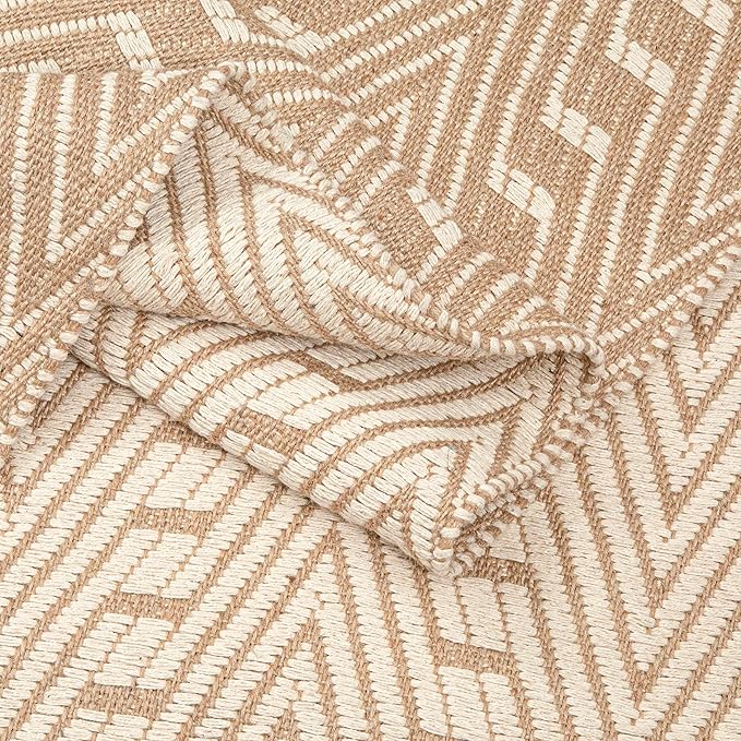 Jute Cotton Geomatric Area Rug 5x7 Feet - Natural White, Farhouse Reversible Soft & Sturdy Floor Rugs Ideal for Living Room, Dinning Space, Bedroom | Decorative Neutral Blend Patio Mat for Nursary