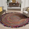 SAFAVIEH Cape Cod Collection Area Rug - 8' Round, Ivory & Red, Handmade Boho Fringe Jute & Cotton, Ideal for High Traffic Areas in Living Room, Bedroom (CAP206A)