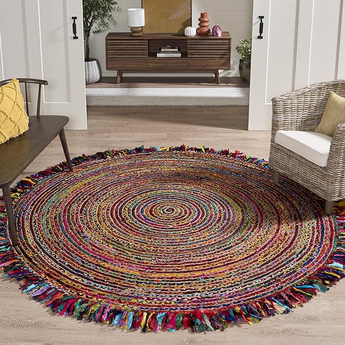 SAFAVIEH Cape Cod Collection Area Rug - 8' Round, Ivory & Red, Handmade Boho Fringe Jute & Cotton, Ideal for High Traffic Areas in Living Room, Bedroom (CAP206A)