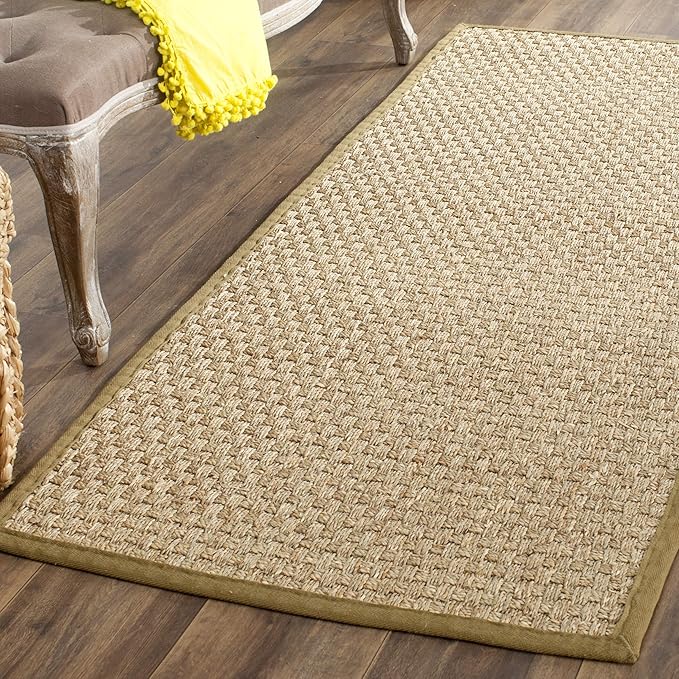 SAFAVIEH Natural Fiber Collection Runner Rug - 2'6" x 12', Natural & Olive Green, Seagrass, Basketweave Pattern with Border (NF114G)