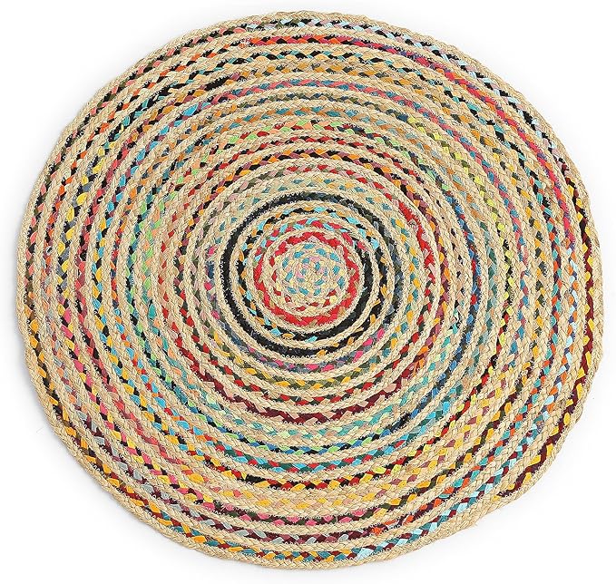· REDEARTH · Jute Cotton Chindi Area Rug - 3' Round Rug, Handwoven, Non-Shedding, Soft & Durable – Multi Tones for Home Décor in Living Room, Dining Room, Bedroom