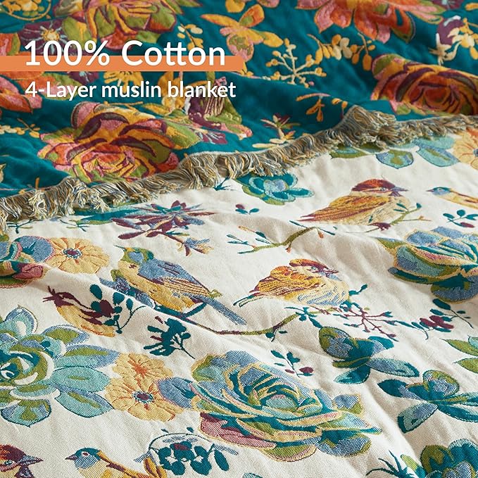 Boho Throw Blanket for Bed 60”x80”, 100% Cotton Woven Blanket for Couch Sofa, Ultra Soft 4-Layer Muslin Quilt with Floral Printed, Farmhouse Bed Blanket/Cover for Living Room Decor