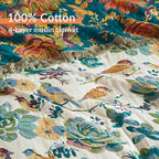 Boho Throw Blanket for Bed 60”x80”, 100% Cotton Woven Blanket for Couch Sofa, Ultra Soft 4-Layer Muslin Quilt with Floral Printed, Farmhouse Bed Blanket/Cover for Living Room Decor