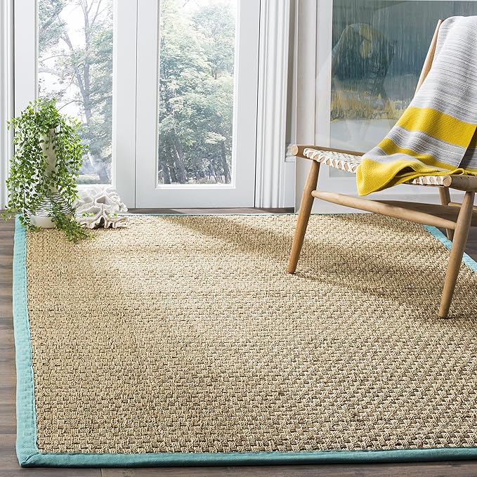 SAFAVIEH Area Rug 4x6 - Natural Fiber Collection - Natural & Teal, Seagrass, Basketweave Pattern with Border (NF114R)