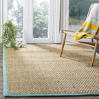 SAFAVIEH Area Rug 5x8 - Natural Fiber Collection - Natural & Teal, Seagrass, Basketweave Pattern with Border (NF114R)