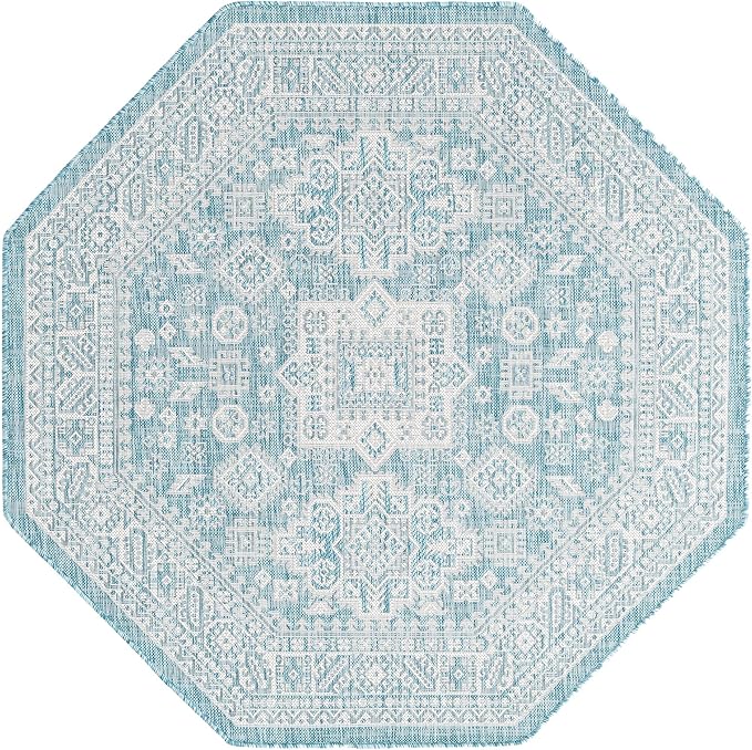 Rugs.com Outdoor Aztec Collection Rug – 5 Ft Octagon Aqua Flatweave Rug Perfect for Living Rooms, Kitchens, Entryways