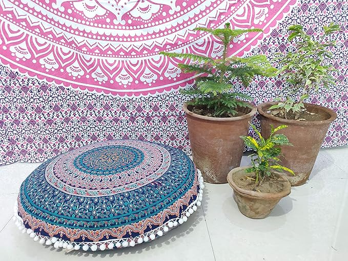 CRAFT KALA Mandala Floor Pillow Cushion Cover Seating Throw Cover Hippie Decorative Bohemian Ottoman Poufs Pom Pom Pillow Cases Boho Indian Cotton Living Room Home Décor 24" Round Elephant Moor Joda