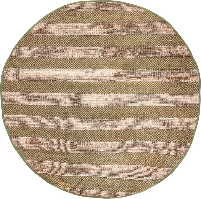 SAFAVIEH Natural Fiber Collection Area Rug - 7' Round, Green & Natural, Handmade Boho Farmhouse Rustic Jute & Cotton, Ideal for High Traffic Areas in Living Room, Bedroom (NFB653Y)