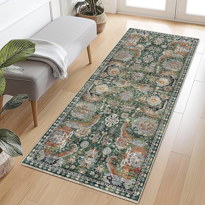 RUGSURE Washable Area Rugs - Perfect for Living Room, Bedroom, Kids Room, Nursery - Stain & Water Resistant Non-Slip, Pet & Child Friendly, Vintage Tribal Area Rugs (Green, 2'6'' x 8')