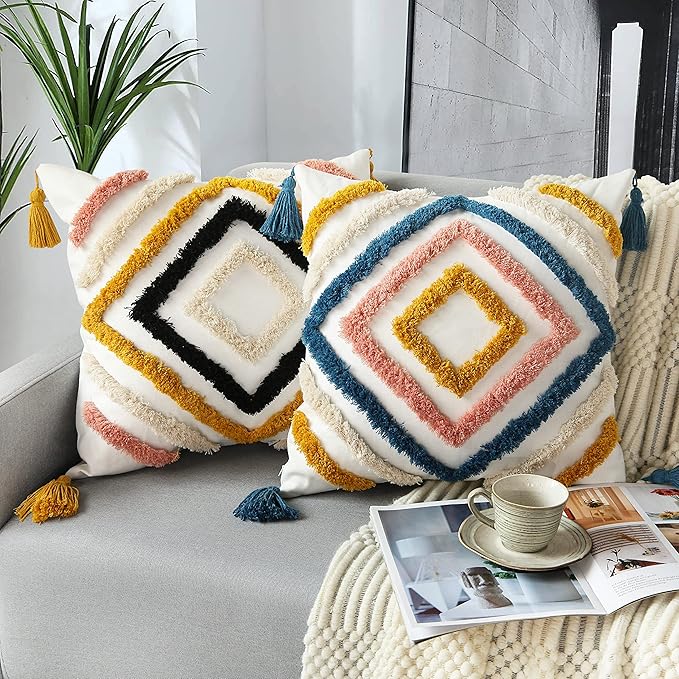 JASEN Boho Throw Pillow Covers, Woven Tufted Decorative Pillow Covers with Tassel Diamond Pattern Pillow Covers for Couch Sofa Bedroom Living Room No Pillow Insert, (Blue, 18 x 18-Inch)