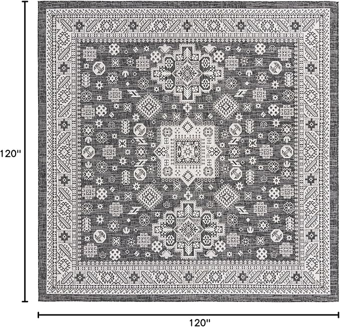 Rugs.com Outdoor Aztec Collection Rug – 10 Ft Square Charcoal Gray Flatweave Rug Perfect for Living Rooms, Kitchens, Entryways