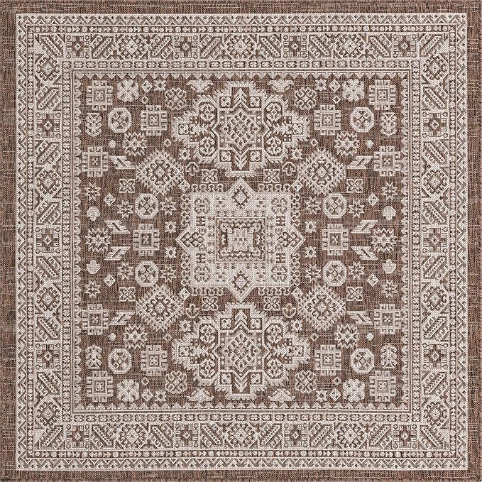Rugs.com Outdoor Aztec Collection Rug – 5 Ft Square Brown Flatweave Rug Perfect for Living Rooms, Kitchens, Entryways