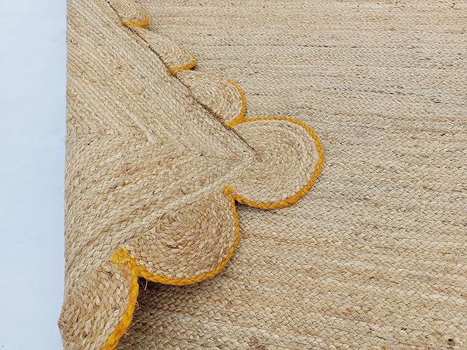 Scalloped Natural Jute Area Rug, Yellow Trim, 2'6"x10'