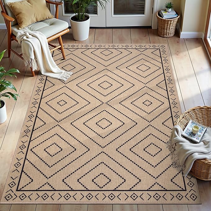 Tangsoo Easy Jute Rug 3x5 for Entryway,Geometric Non-Slip Washable Indoor Outdoor Door Carpet,Farmhouse Ultra Thin Throw Mat for Kitchen Bedroom Front