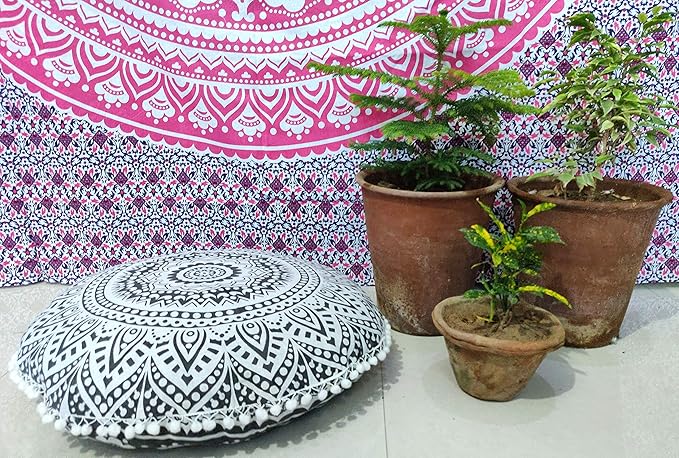 INDIAN CRAFT CASTLE 24" Grey Ombre Mandala Barmeri Large Floor Pillow Cover Cushion Meditation Seating Ottoman Throw Cover Hippie Decorative Zipped Bohemian Pouf Ottoman Pom Pom Cases 24" Round