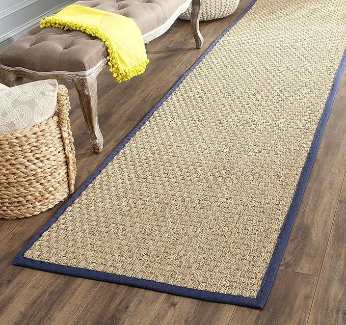 SAFAVIEH Natural Fiber Collection Runner Rug - 2'6" x 10', Natural & Blue, Seagrass, Basketweave Pattern with Border (NF114E)