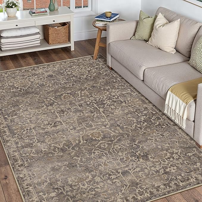 HUGEAR Area Rug 5x7 Retro Brown Machine Washable Living Room Rugs Distressed Vintage Floral Vacuumable Low Pile Carpet Bedroom Office Dining Room Laundry Room Non Slip Soft Lightweight